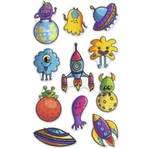 Stickerblad met ontwerpen van monsters, raketten en ufo's