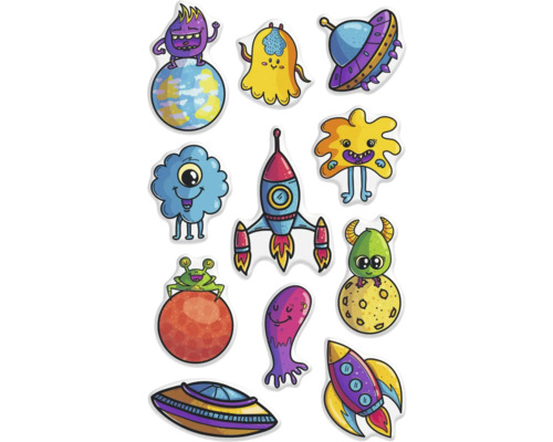 Stickerblad met ontwerpen van monsters, raketten en ufo's