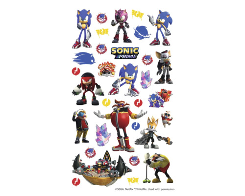 Sonic Prime-stickervel met verschillende karakters en logo's