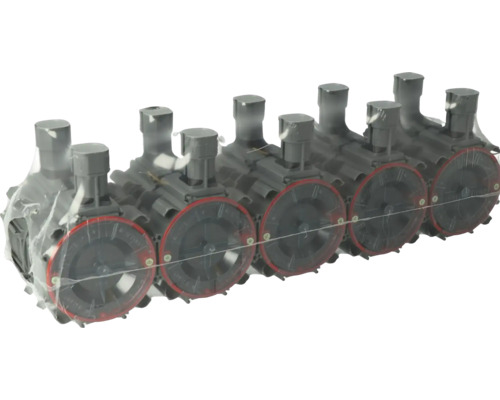 Zes grijze verwarmingscircuitverdelers in folie verpakt