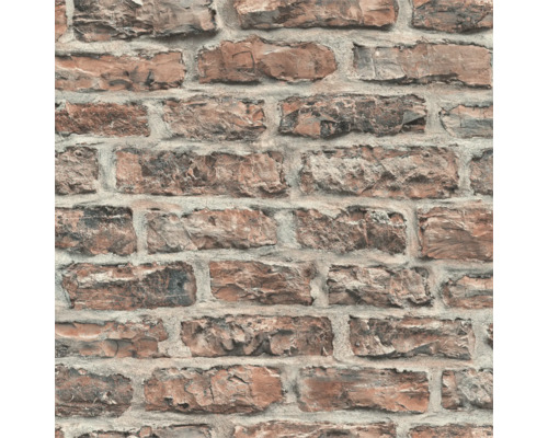 Close-up van een behang met baksteenmotief. Close-up van een behang met baksteenmotief.