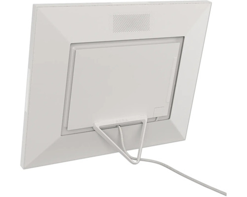 Achteraanzicht van een witte Aura digitale fotolijst met een driehoekige standaard en stroomkabel.