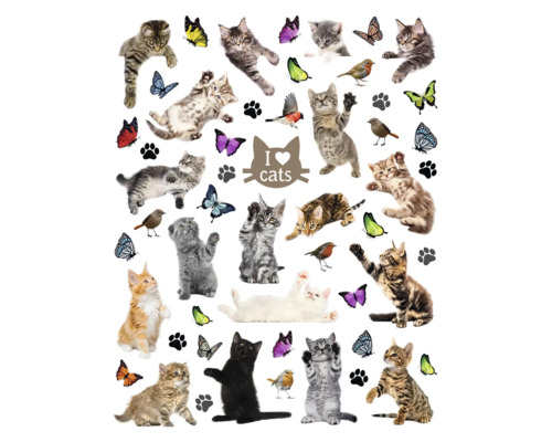 Muursticker met katten, vlinders, vogels en de tekst Ik hou van katten