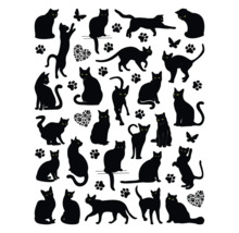 Illustratie van kattensilhouetten, pootafdrukken en vlinders