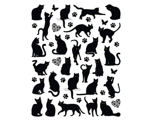 Illustratie van kattensilhouetten, pootafdrukken en vlinders