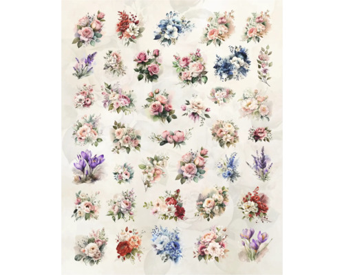 Afbeelding van verschillende bloemboeketten met rozen, lavendel en krokussen.