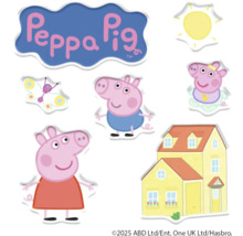 Stickers met afbeeldingen uit de tekenfilmserie Peppa Pig, waaronder Peppa Pig logo, Peppa, George, een vlinder, een zon en een huis