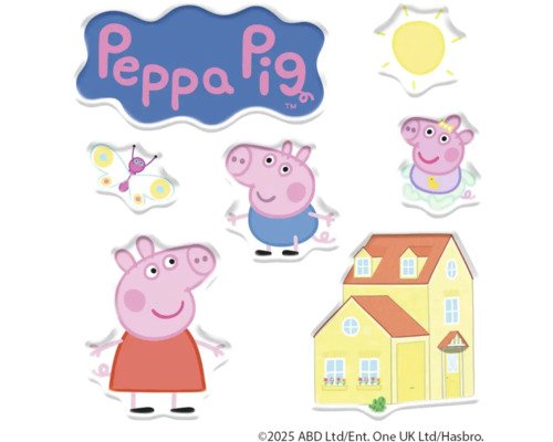 Stickers met afbeeldingen uit de tekenfilmserie Peppa Pig, waaronder Peppa Pig logo, Peppa, George, een vlinder, een zon en een huis
