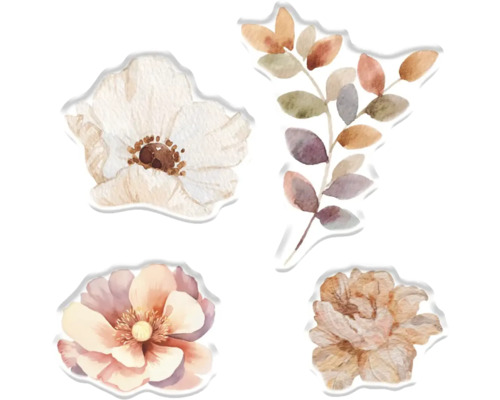 Illustratie van vier bloemen en een tak met bladeren