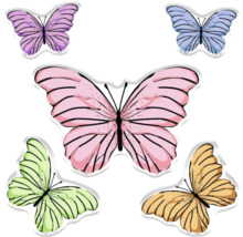Vijf vlinders in verschillende kleuren.