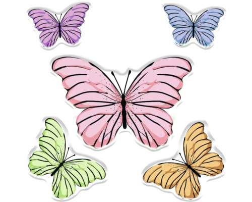 Vijf vlinders in verschillende kleuren.
