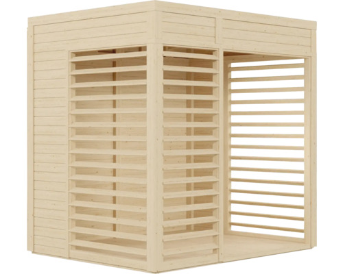 Houten tuinhuis met lamellenwanden