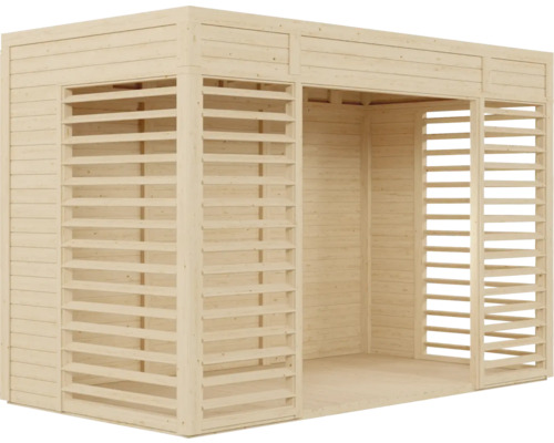 Houten tuinhuis met lamellenwanden