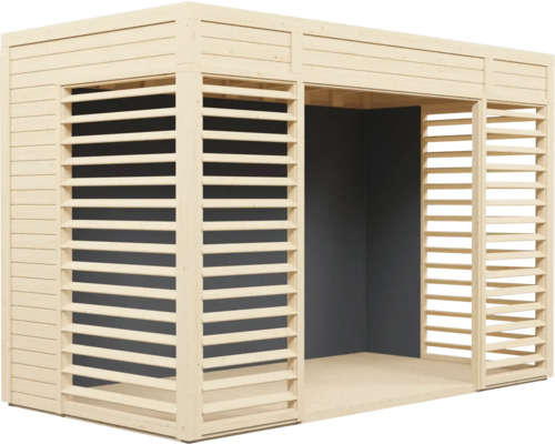 Houten tuinhuis met lamellenwanden