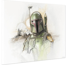 Illustratie van Boba Fett met helm en harnas voor een woestijnlandschap