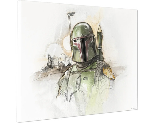 Illustratie van Boba Fett met helm en harnas voor een woestijnlandschap