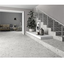 Lichte woonkamer met terrazzo vloer, trap en decoratie