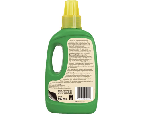 Biologische kamerplantenvoeding in groene fles met gele dop, 500 ml