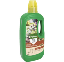 Pokon meststof voor terras- en balkonplanten in een groene fles met gele dop