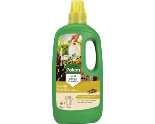 Pokon kamerplantenvoeding in een groene fles met een gele dop