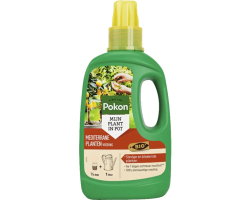 Pokon Mediterrane plantenvoeding in een groene fles met gele dop