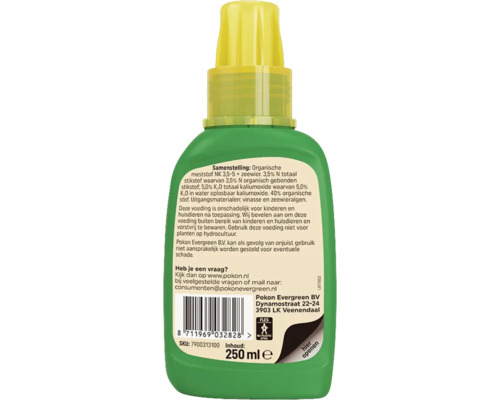 Vloeibare meststof in groene fles met gele dop