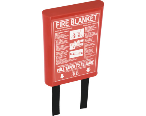 Branddeken in rode doos met gebruiksaanwijzing
