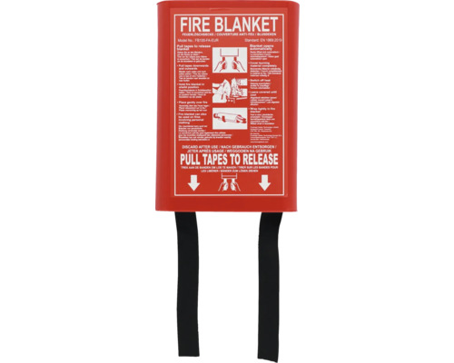 Branddeken in rode doos met gebruiksinstructies