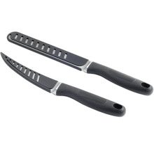 Twee zwarte fileermessen met sleuven