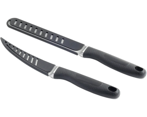 Twee zwarte fileermessen met sleuven