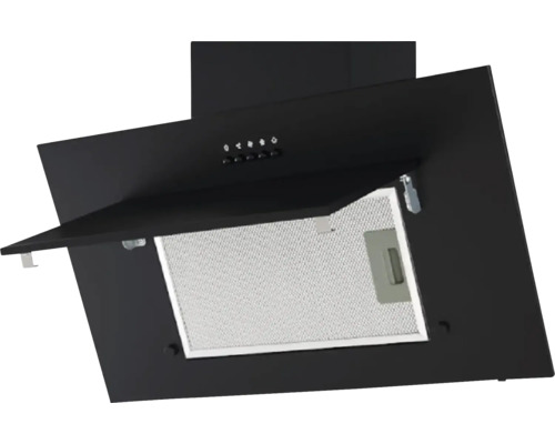 Zwarte afzuigkap met open klep en metalen filter