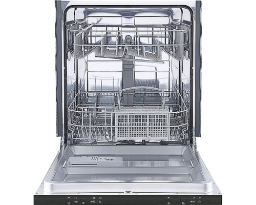 Geopende vaatwasser met metalen interieur.