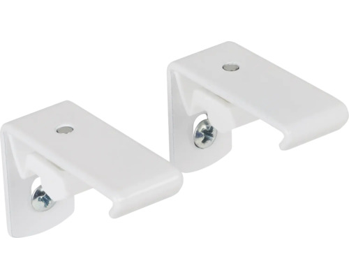 Twee witte gordijnroedehouders voor wandmontage.
