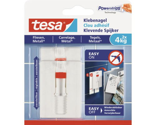 TESA Powerstrips klevende spijker verstelbaar voor tegels & metaal 4 kg 2 stuks Tesa klevende spijker voor tegels en metaal, draagkracht 4 kilogram, tweevoudig verstelbaar