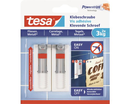 TESA Powerstrips klevende schroef verstelbaar voor tegels & metaal 3 kg 2 stuks Tesa kleefschroeven voor bevestiging op tegels en metaal, verstelbaar en verwijderbaar, met een draagkracht tot 3 kg