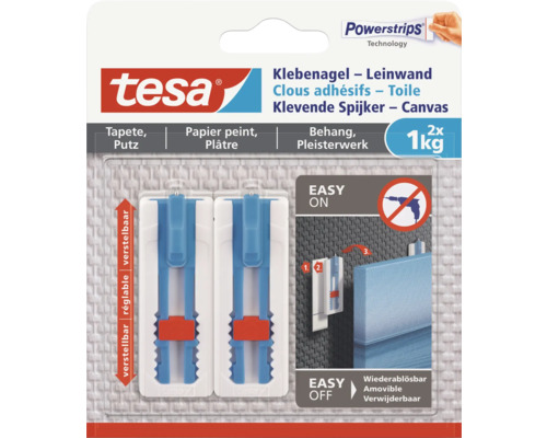 Tesa Klevende Spijker voor behang en stucwerk, geschikt voor canvas tot 1 kilogram, twee stuks