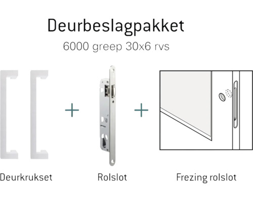 Deurbeslagpakket met deurkrukset, rolslot en frezing rolslot.