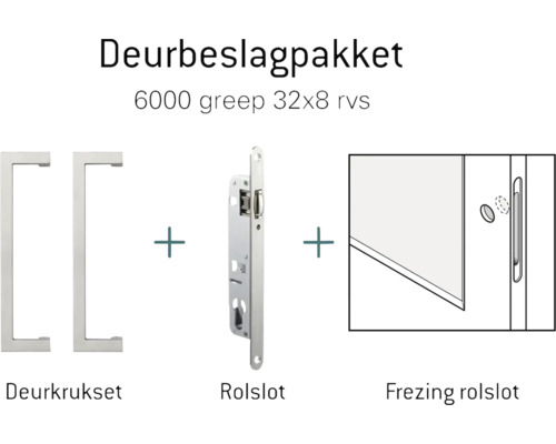 Deurbeslagpakket met deurkrukset, rolslot en freesing rolslot.