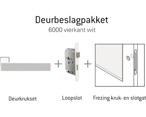 Deurbeslagpakket met deurkrukset, loopslot en frezing voor kruk- en slotgaten.