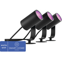 Drie zwarte tuinspots met grondspies en Smart Home logo.