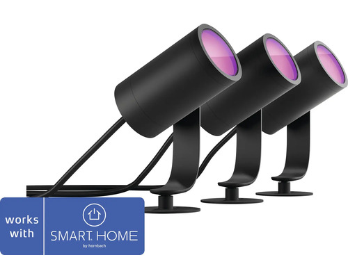Drie zwarte tuinspots met grondspies en Smart Home logo.