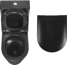 Zwart staand toilet met open spoelrand en afneembare toiletbril