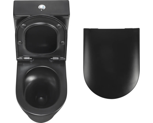 Zwart staand toilet met open spoelrand en afneembare toiletbril