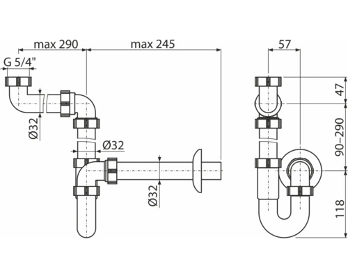 Technische tekening van een sifon met maatvoering