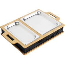Voedselwarmer met twee roestvrijstalen containers en een bamboe frame