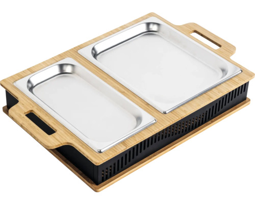 Voedselwarmer met twee roestvrijstalen containers en een bamboe frame
