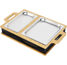 Voedselwarmer met twee roestvrijstalen bakken en bamboe frame