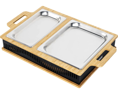Voedselwarmer met twee roestvrijstalen bakken en bamboe frame