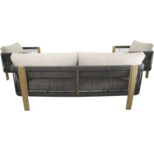 Tuinmeubelset met een bank en twee stoelen van touw en hout met stoffering