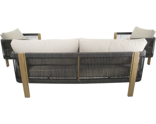 Tuinmeubelset met een bank en twee stoelen van touw en hout met stoffering